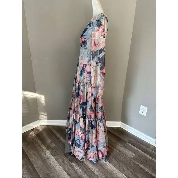 MAC DUGGAL FLORAL PUFF SLEEVE DRESS WITH EMBROIDERED WAIST SIZE 4