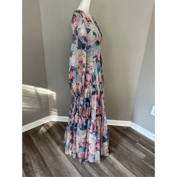 MAC DUGGAL FLORAL PUFF SLEEVE DRESS WITH EMBROIDERED WAIST SIZE 4