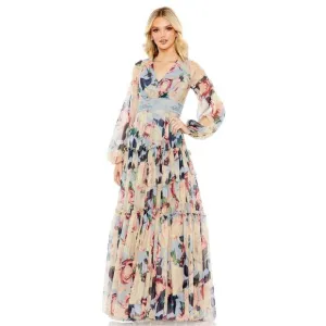 MAC DUGGAL FLORAL PUFF SLEEVE DRESS WITH EMBROIDERED WAIST SIZE 4