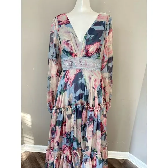 MAC DUGGAL FLORAL PUFF SLEEVE DRESS WITH EMBROIDERED WAIST SIZE 4