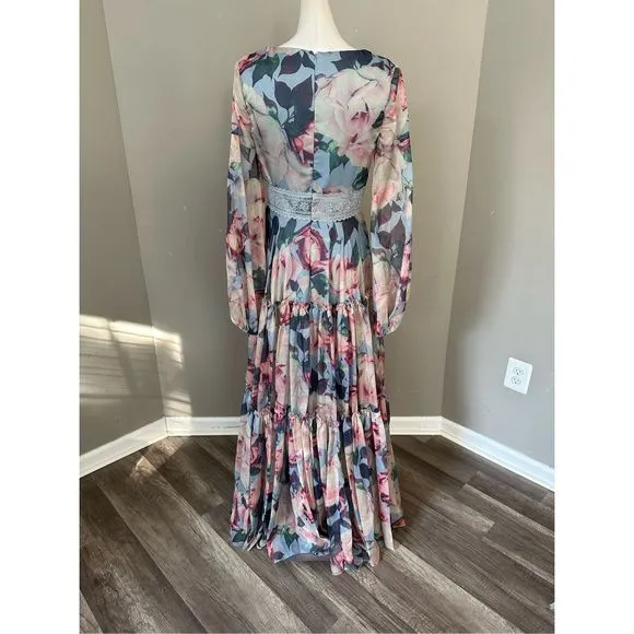 MAC DUGGAL FLORAL PUFF SLEEVE DRESS WITH EMBROIDERED WAIST SIZE 4