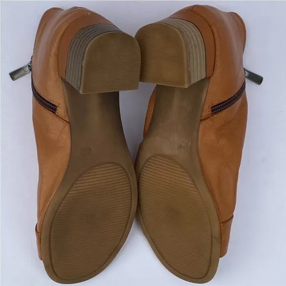 Mago cognac tan 38 7 - 7.5 leather sandal low heel peep toe booties ankle boot
