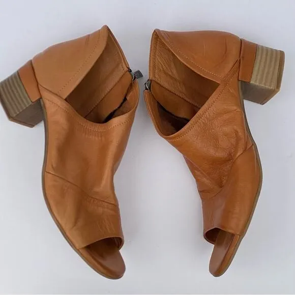 Mago cognac tan 38 7 - 7.5 leather sandal low heel peep toe booties ankle boot