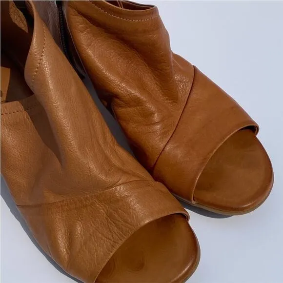 Mago cognac tan 38 7 - 7.5 leather sandal low heel peep toe booties ankle boot
