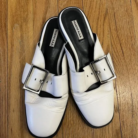Marni Kaa Soft Leather Buckle Mules Ivory Shoes, Size EU 36, US 6 Flats Slip On