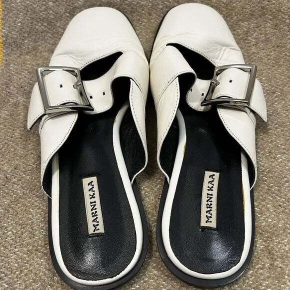 Marni Kaa Soft Leather Buckle Mules Ivory Shoes, Size EU 36, US 6 Flats Slip On