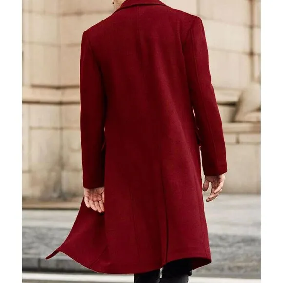 ✨Men Red Casual Trench Coat Slim Fit Notched Collar Long Jacket Pea Overcoat