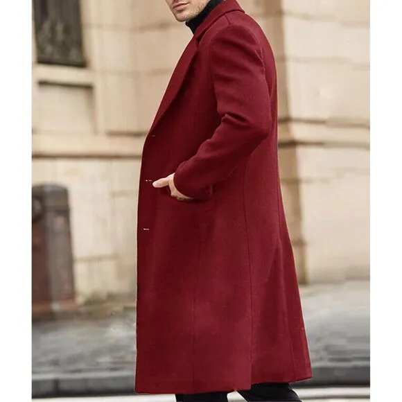 ✨Men Red Casual Trench Coat Slim Fit Notched Collar Long Jacket Pea Overcoat