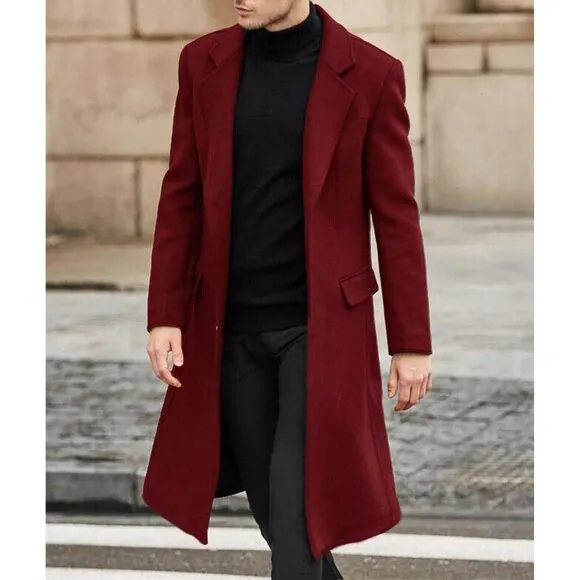 ✨Men Red Casual Trench Coat Slim Fit Notched Collar Long Jacket Pea Overcoat
