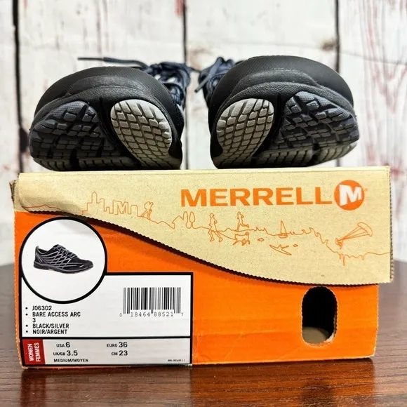 MERRELL Bare Access Arc 3 Women’s Zero Drop Running Shoes in Size 6 black silver