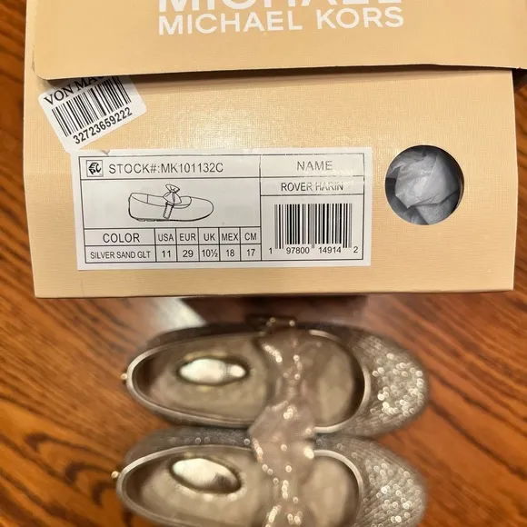 Michael Kors Harin Flat Glittery Gold Kids Shoes with Bow Size 11