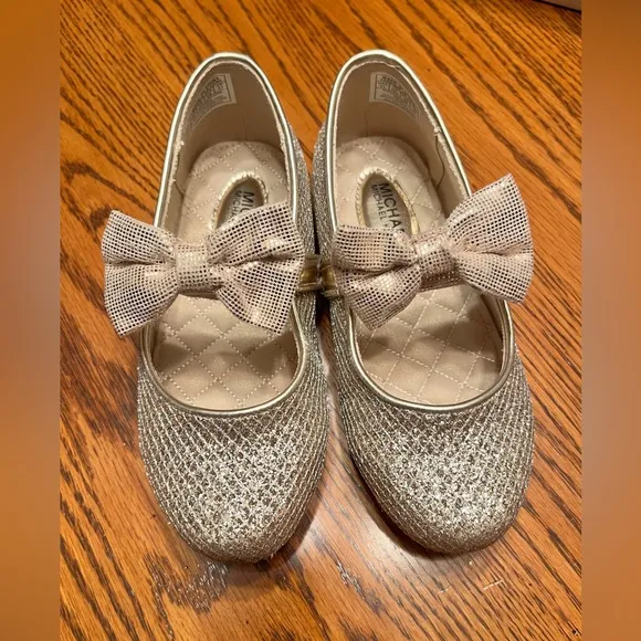 Michael Kors Harin Flat Glittery Gold Kids Shoes with Bow Size 11