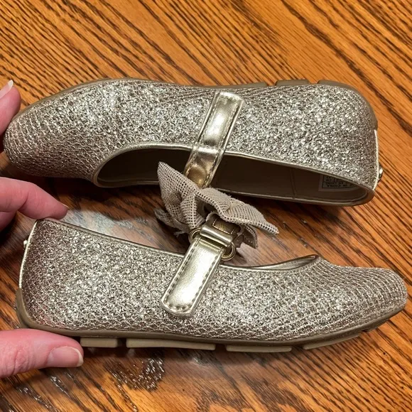 Michael Kors Harin Flat Glittery Gold Kids Shoes with Bow Size 11