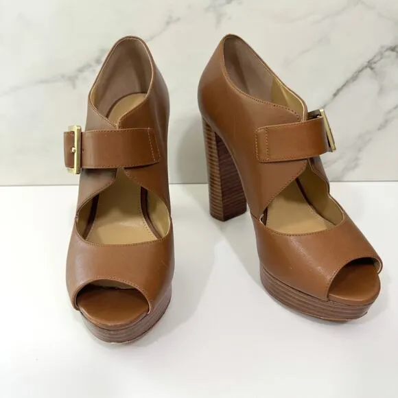 Michael MIchael Kors Women Eleni Size 7 Leather Peep Toe Platform Heel Shoes Tan