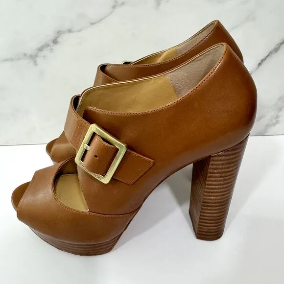 Michael MIchael Kors Women Eleni Size 7 Leather Peep Toe Platform Heel Shoes Tan