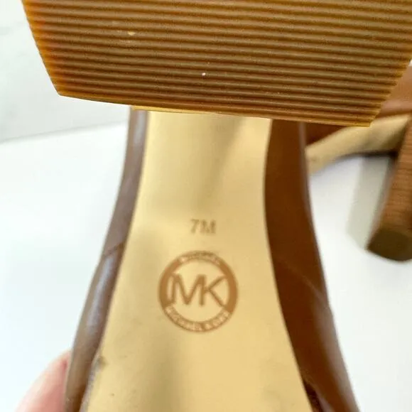 Michael MIchael Kors Women Eleni Size 7 Leather Peep Toe Platform Heel Shoes Tan