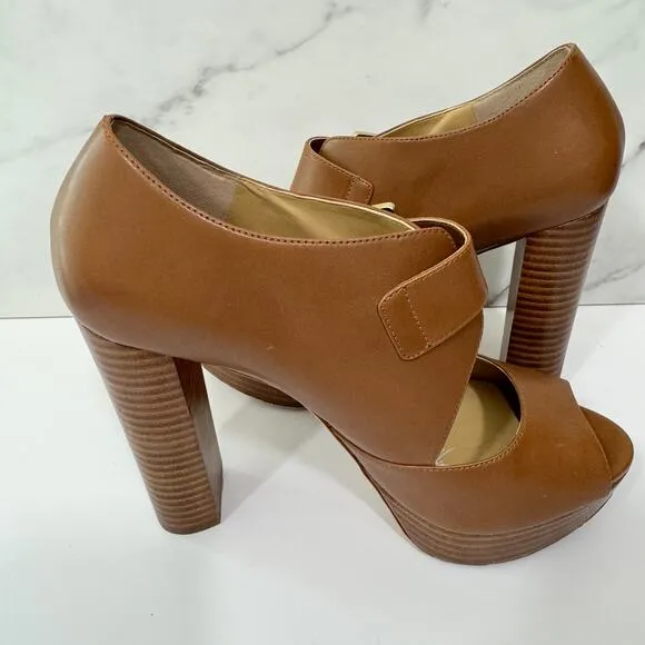 Michael MIchael Kors Women Eleni Size 7 Leather Peep Toe Platform Heel Shoes Tan