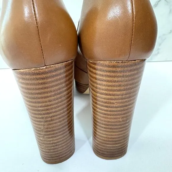 Michael MIchael Kors Women Eleni Size 7 Leather Peep Toe Platform Heel Shoes Tan
