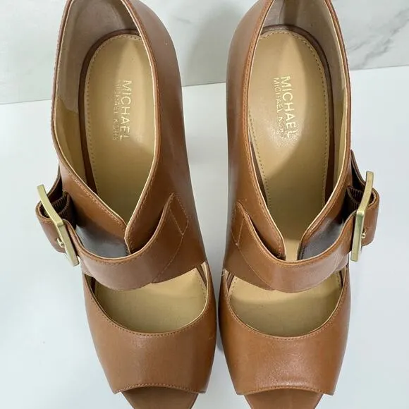Michael MIchael Kors Women Eleni Size 7 Leather Peep Toe Platform Heel Shoes Tan