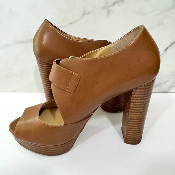 Michael MIchael Kors Women Eleni Size 7 Leather Peep Toe Platform Heel Shoes Tan