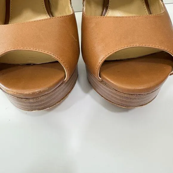 Michael MIchael Kors Women Eleni Size 7 Leather Peep Toe Platform Heel Shoes Tan