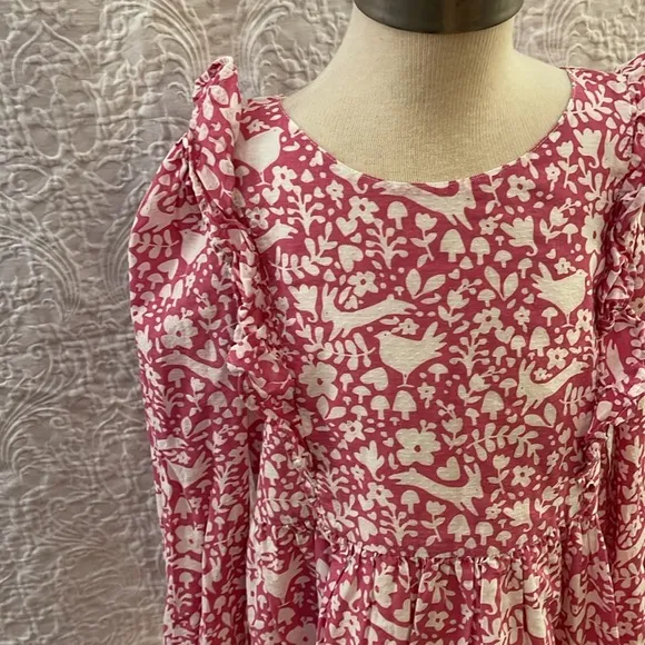 Mini Boden Frill Tiered Dress Pink Woodland print  long sleeve dress size 8-9