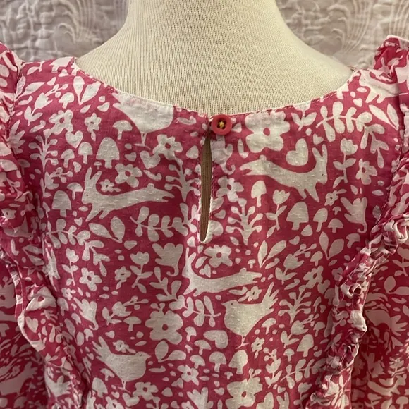 Mini Boden Frill Tiered Dress Pink Woodland print  long sleeve dress size 8-9
