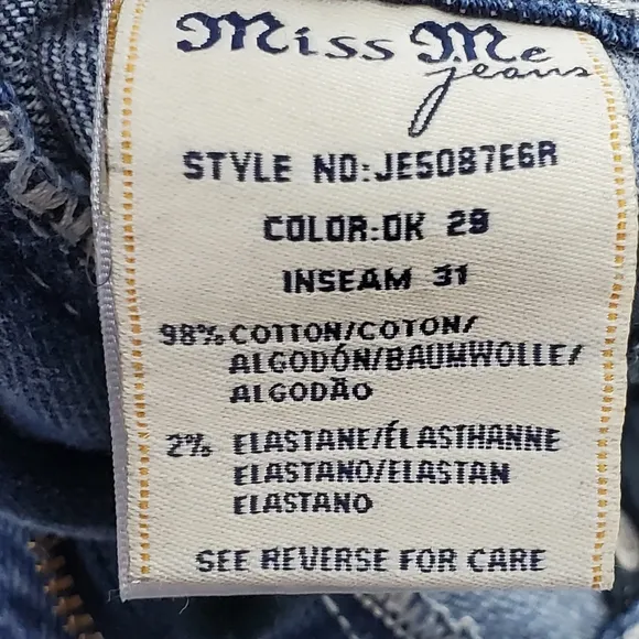 Miss Me easy boot cut JE5087E6R rhinestone embroidered bling jeans size 30