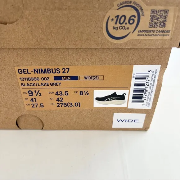 New ASICS GEL-NIMBUS 27 Men’s Size 9.5 WIDE Running Shoes Black/Lake Grey