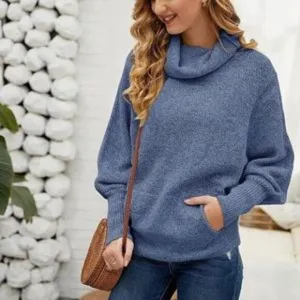 New Cowl Neck Lantern Long Sleeves Knit Sweater