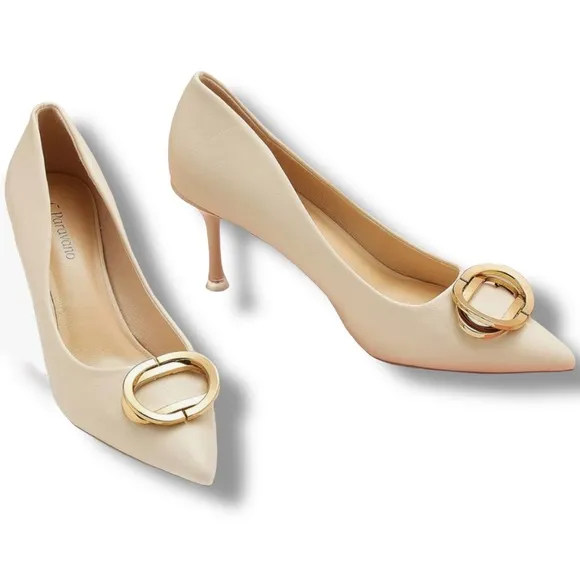 NEW! C.Paravano Metal Buckle Pointed Nude Buff Heels Pumps Shoes SZ 42 / 11.5