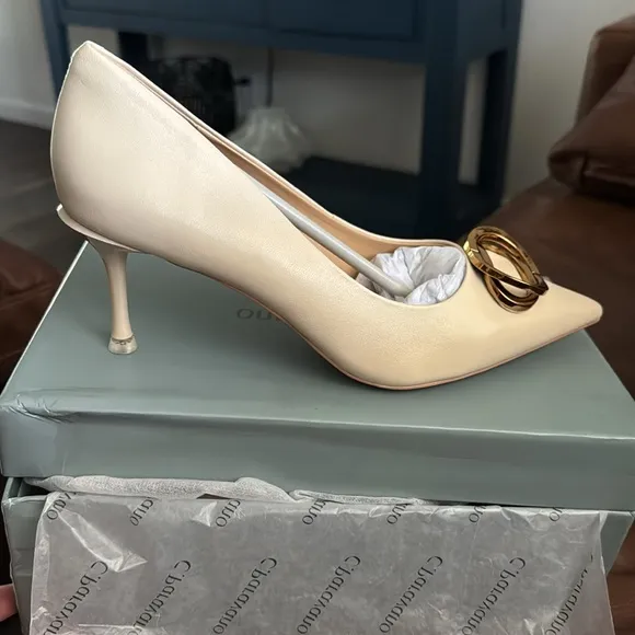NEW! C.Paravano Metal Buckle Pointed Nude Buff Heels Pumps Shoes SZ 42 / 11.5