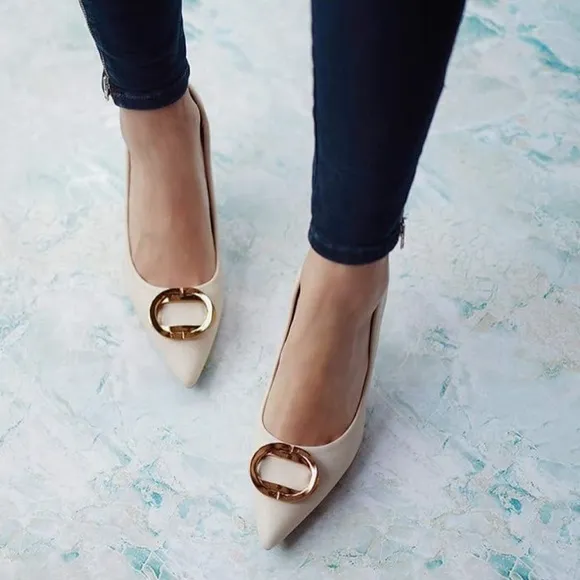 NEW! C.Paravano Metal Buckle Pointed Nude Buff Heels Pumps Shoes SZ 42 / 11.5