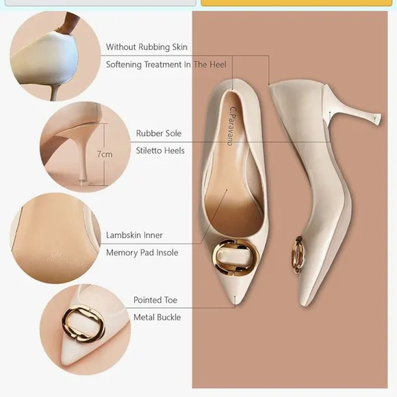 NEW! C.Paravano Metal Buckle Pointed Nude Buff Heels Pumps Shoes SZ 42 / 11.5