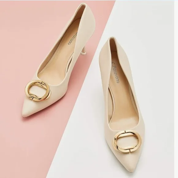 NEW! C.Paravano Metal Buckle Pointed Nude Buff Heels Pumps Shoes SZ 42 / 11.5
