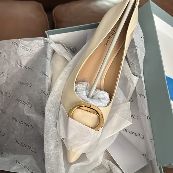 NEW! C.Paravano Metal Buckle Pointed Nude Buff Heels Pumps Shoes SZ 42 / 11.5