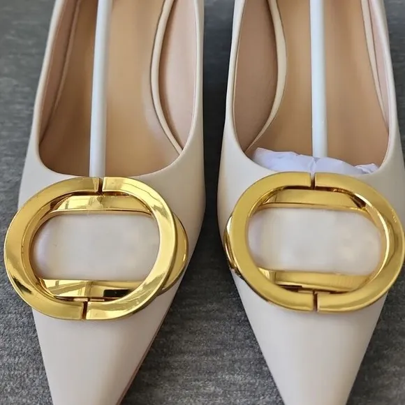 NEW! C.Paravano Metal Buckle Pointed Nude Buff Heels Pumps Shoes SZ 42 / 11.5