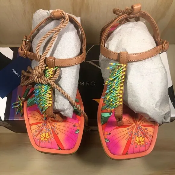 New Farm Rio Floral Pietra Beaded Flat Sandals Size 8