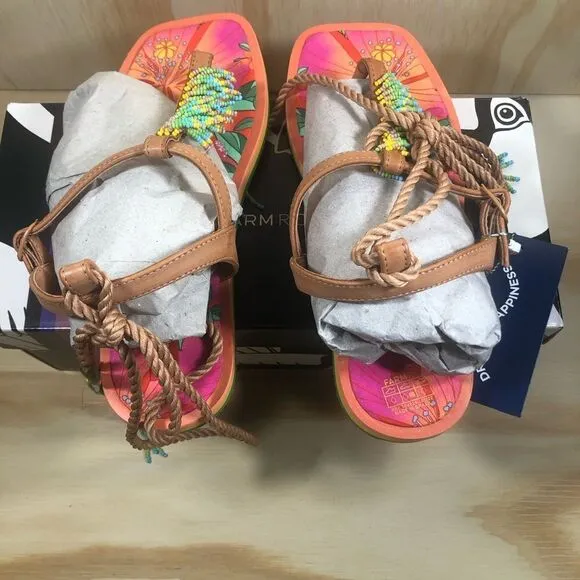 New Farm Rio Floral Pietra Beaded Flat Sandals Size 8