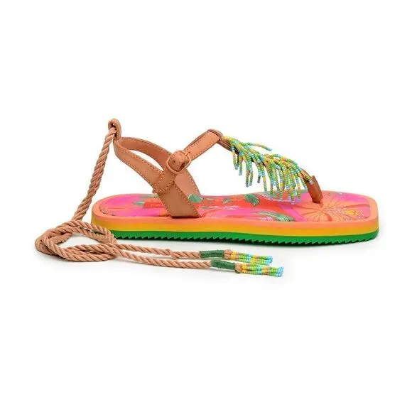 New Farm Rio Floral Pietra Beaded Flat Sandals Size 8
