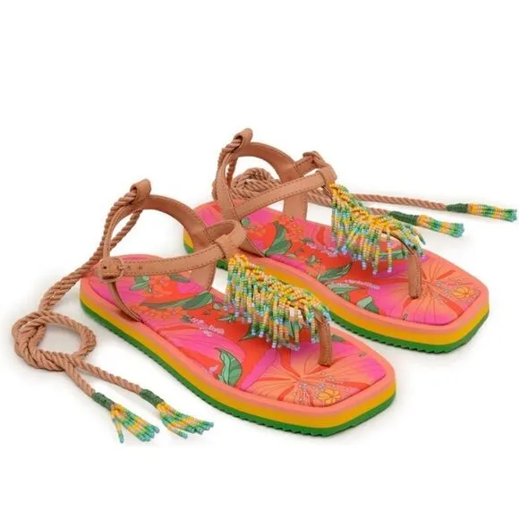 New Farm Rio Floral Pietra Beaded Flat Sandals Size 8