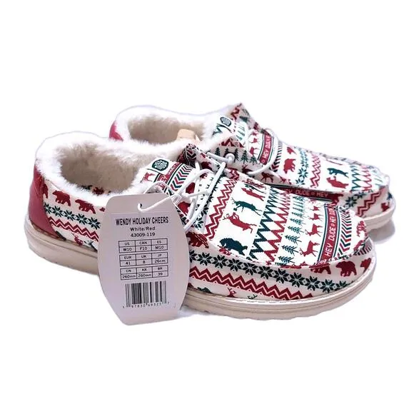 NEW HEY DUDE WENDY HOLIDAY CHEERS SLIP ON FUZZY SHOES WHITE RED‎ WOMENS 10
