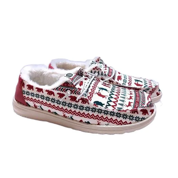 NEW HEY DUDE WENDY HOLIDAY CHEERS SLIP ON FUZZY SHOES WHITE RED‎ WOMENS 10