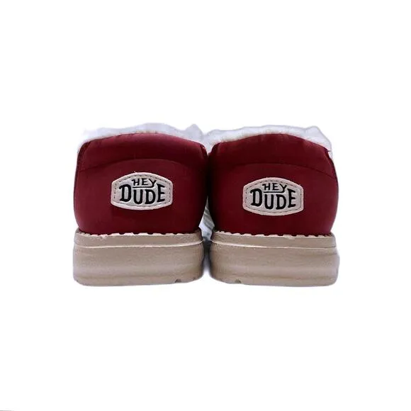 NEW HEY DUDE WENDY HOLIDAY CHEERS SLIP ON FUZZY SHOES WHITE RED‎ WOMENS 10