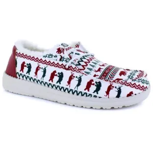 NEW HEY DUDE WENDY HOLIDAY CHEERS SLIP ON FUZZY SHOES WHITE RED‎ WOMENS 10