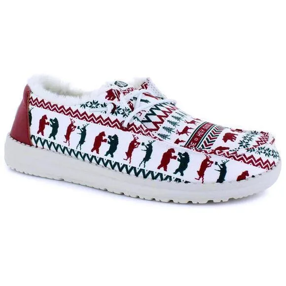 NEW HEY DUDE WENDY HOLIDAY CHEERS SLIP ON FUZZY SHOES WHITE RED‎ WOMENS 10