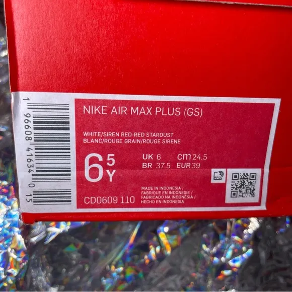 NEW IN BOX Nike Air Max Plus | White Siren Red Stardust | Size: 6.5Y
