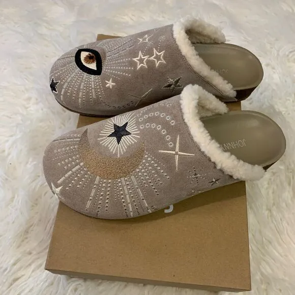 NEW Johnny Was Boho Embroidered Suede Celestial Mule Shoes Stars Eye Moon