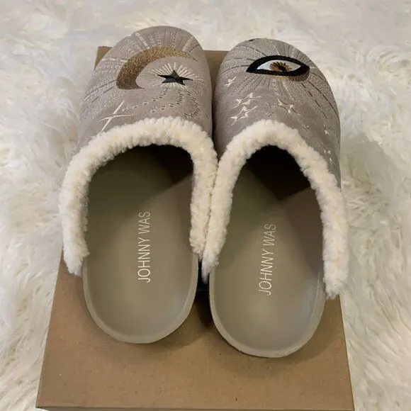 NEW Johnny Was Boho Embroidered Suede Celestial Mule Shoes Stars Eye Moon