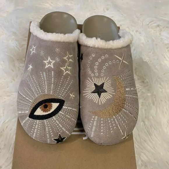 NEW Johnny Was Boho Embroidered Suede Celestial Mule Shoes Stars Eye Moon
